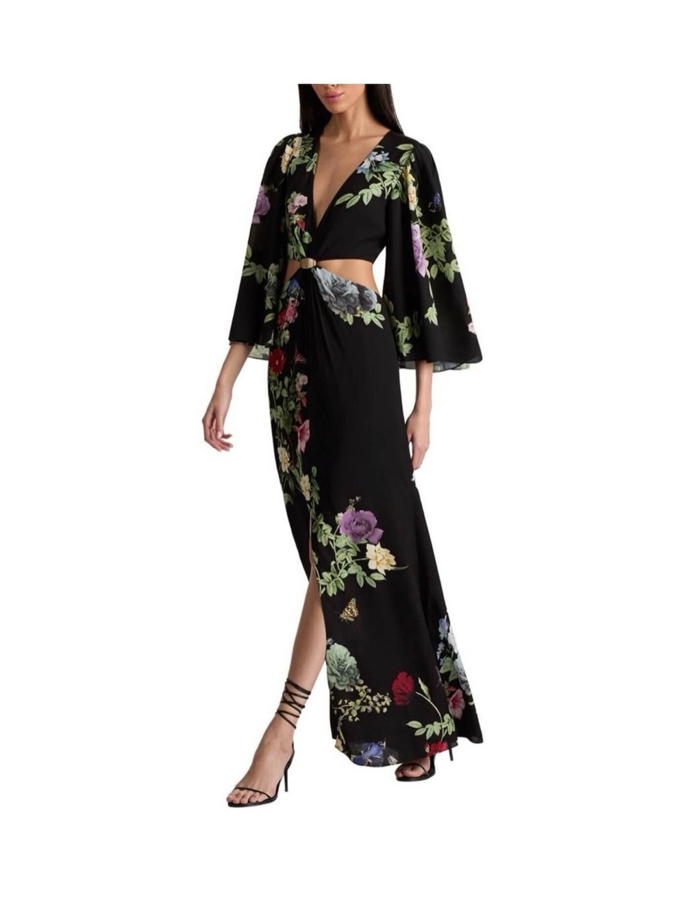 Alice + Olivia Black Floral V‑Neck Cutout Maxi Dress